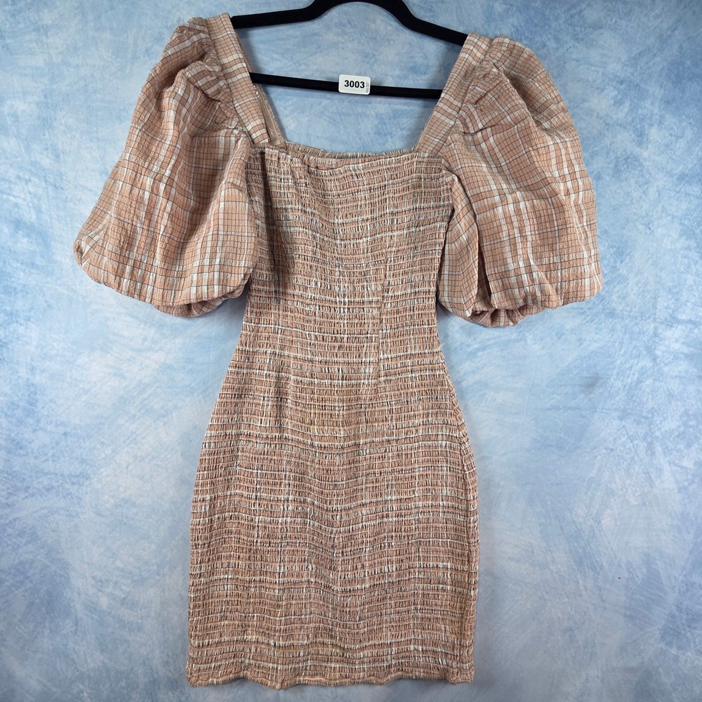 Atoir Fool To Love Dress Peach Plaid Smocked‎ Puff Sleeve Mini Dress Sz 4